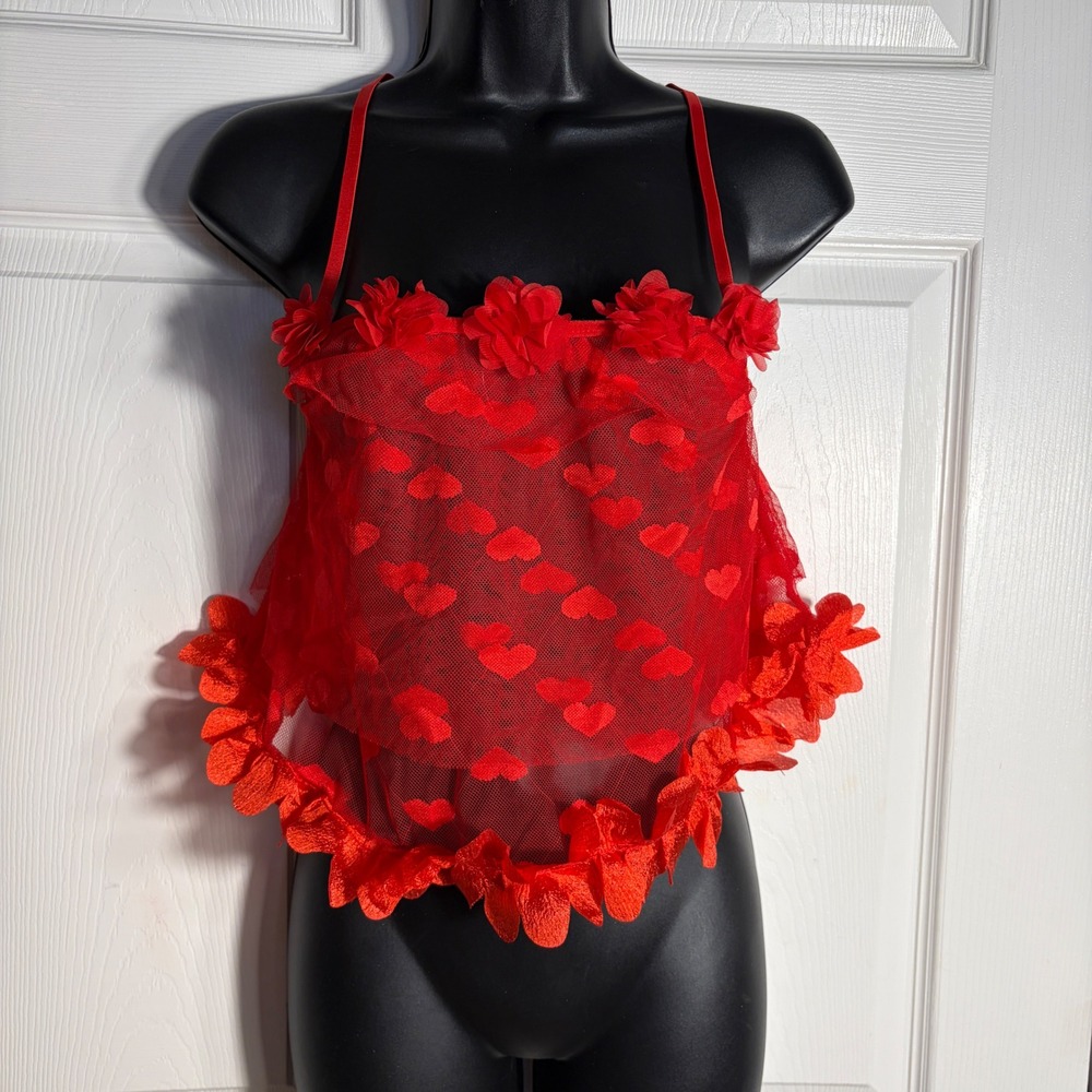 Red Sheer Mesh Heart Camisole Top 3D Floral Trim Adjustable Straps Women M Crop